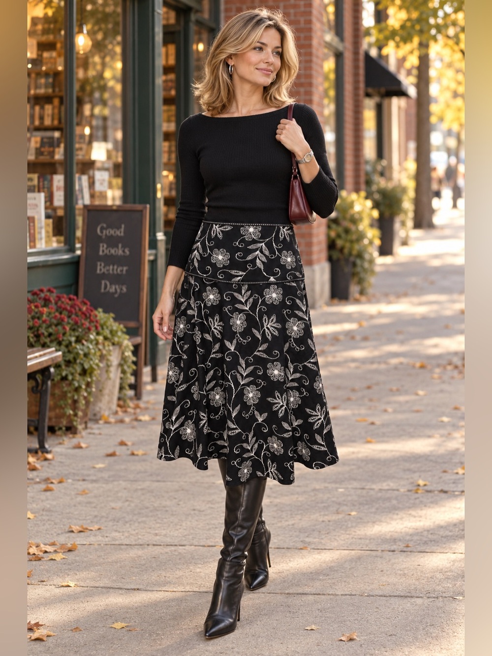 Vintage Y2K Lapis Black White Floral A-Line Midi Skirt Size S